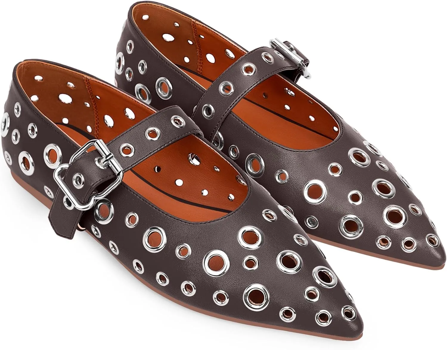 100FIXEO Women's Ballet Flats Metal Eyelet Perforated Studded Buckle Strap Pointed Toe Shoes