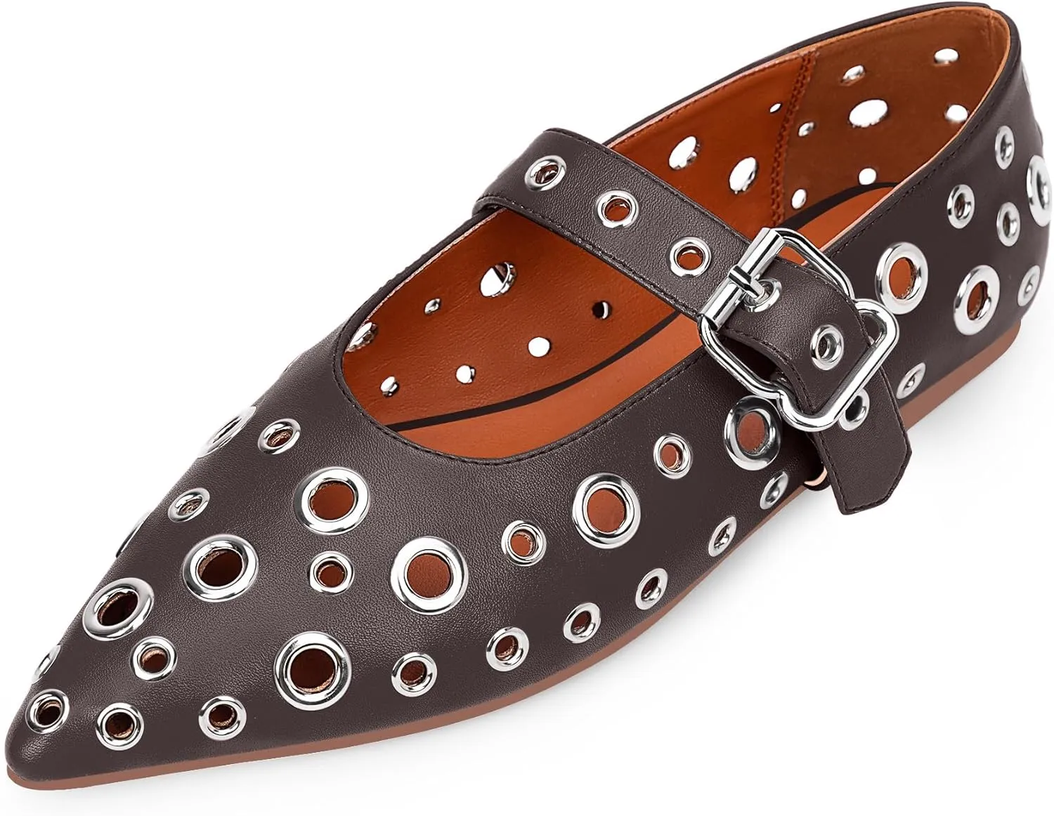 100FIXEO Women's Ballet Flats Metal Eyelet Perforated Studded Buckle Strap Pointed Toe Shoes