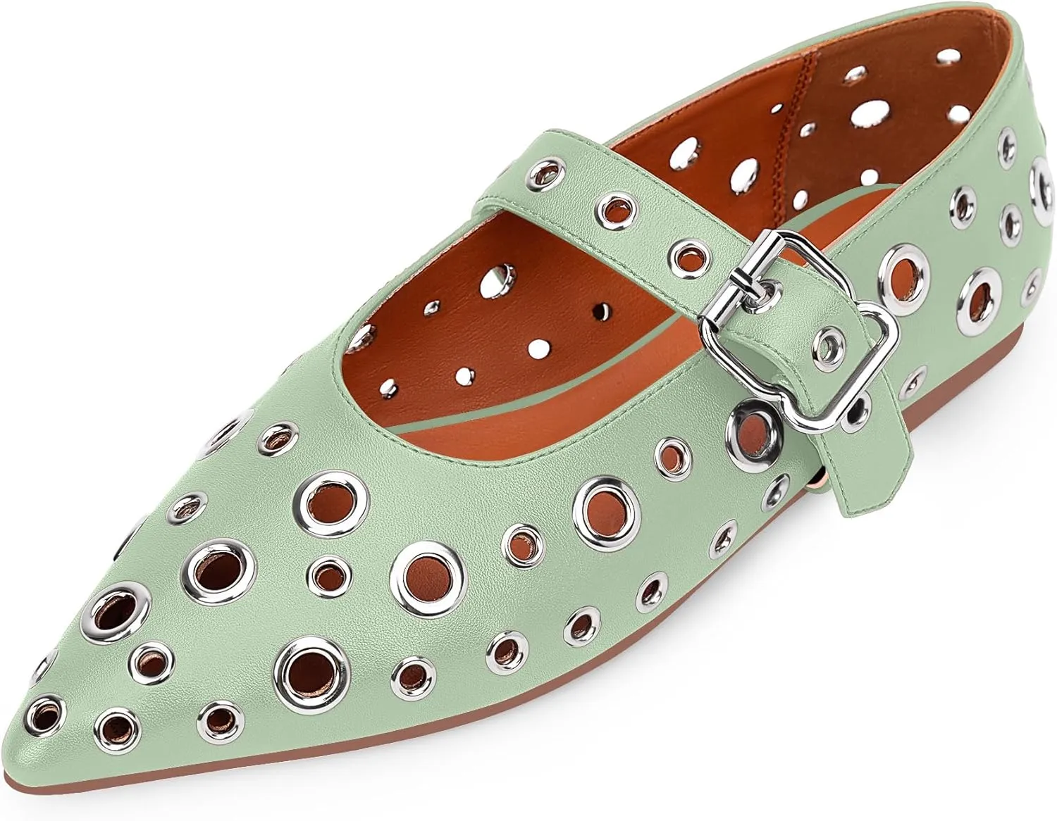 100FIXEO Women's Ballet Flats Metal Eyelet Perforated Studded Buckle Strap Pointed Toe Shoes