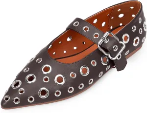 100FIXEO Women's Ballet Flats Metal Eyelet Perforated Studded Buckle Strap Pointed Toe Shoes