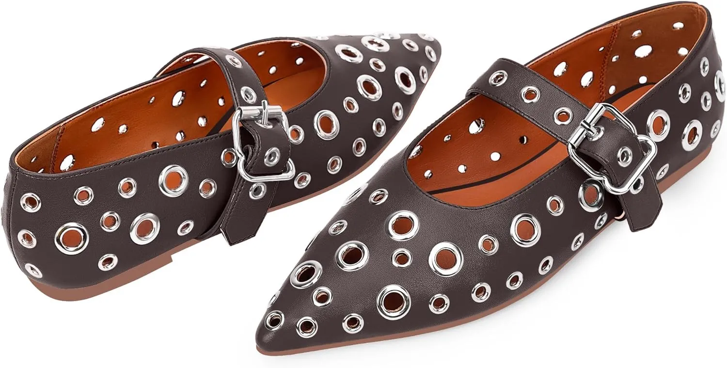 100FIXEO Women's Ballet Flats Metal Eyelet Perforated Studded Buckle Strap Pointed Toe Shoes