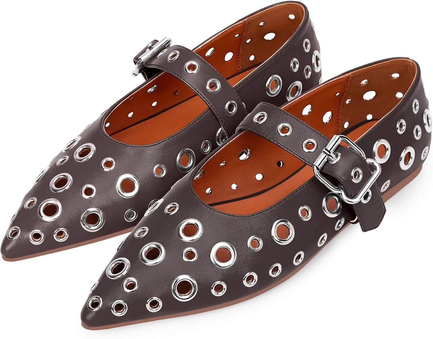 100FIXEO Women's Ballet Flats Metal Eyelet Perforated Studded Buckle Strap Pointed Toe Shoes
