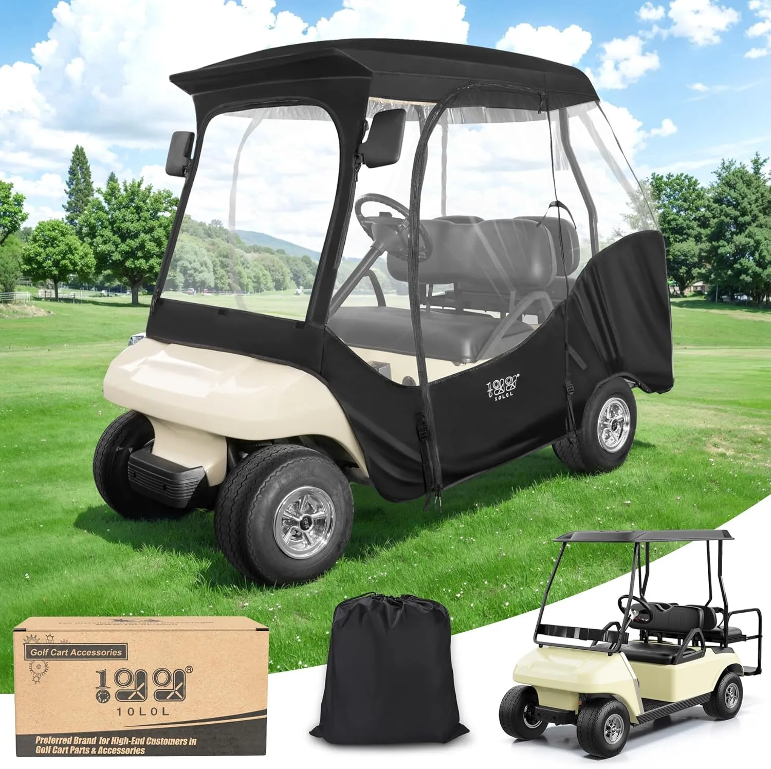10L0L 4 Passenger Golf Cart Enclosure for Club Car DS, 600D Waterproof Windproof Portable Transparent Golf Cart Rain Cover/Driving Enclosure Black (Tailight Can Be Seen)