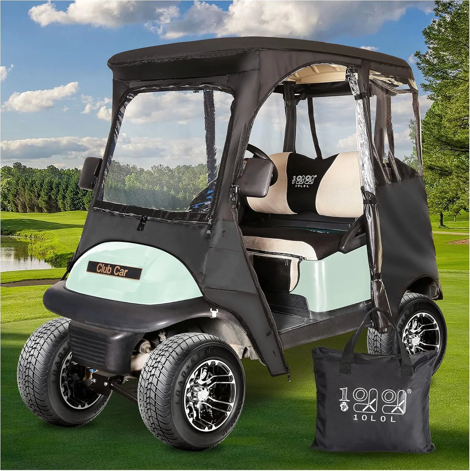 10L0L Deluxe Golf Cart Enclosure 2 Passenger for Club Car Precedent, Onward & Tempo Golf Cart, 4 Sided Clear PVC Window with Security Side Mirror Openings and Zipper Entry Golf Cart Rain Cover