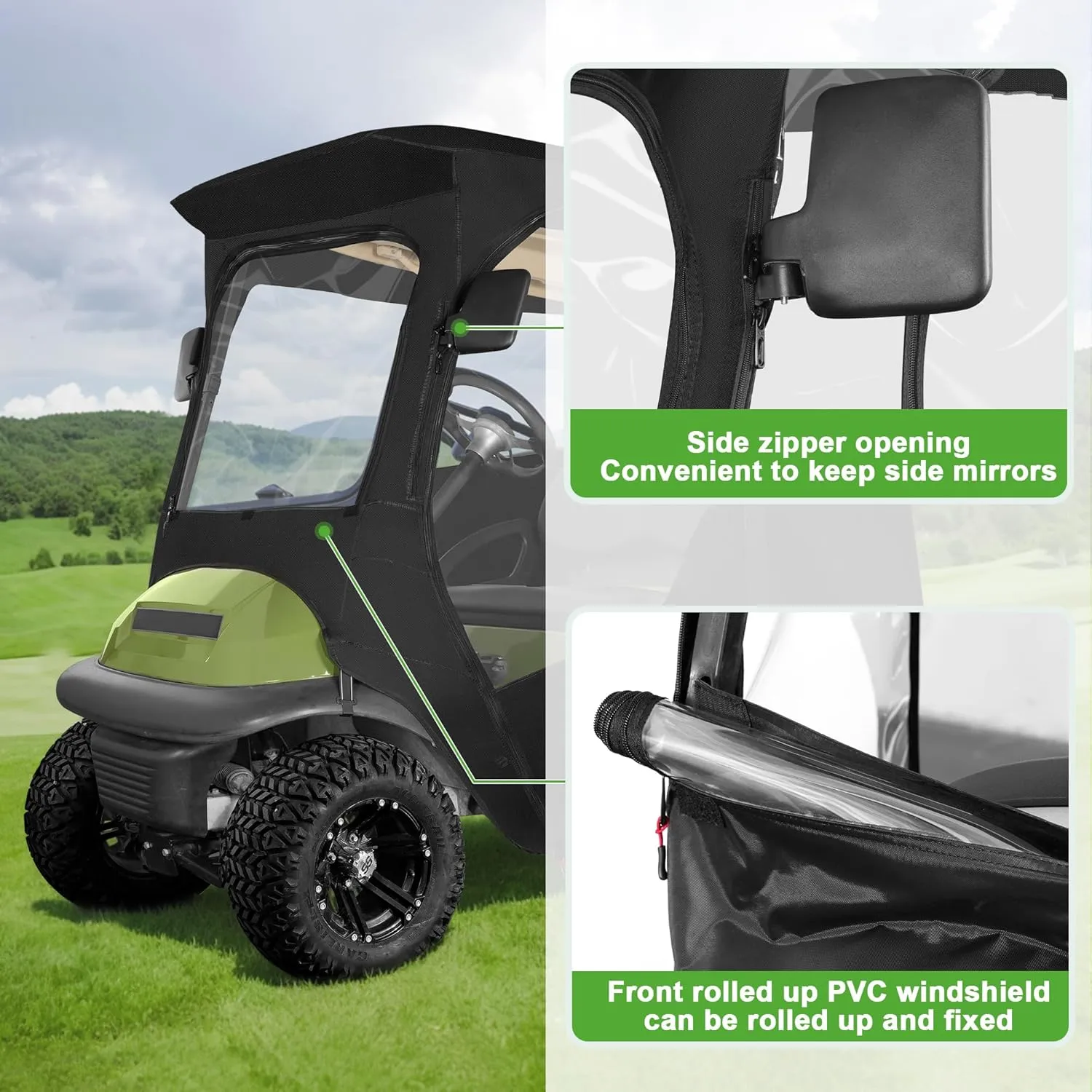 10L0L Deluxe Golf Cart Enclosure 2 Passenger for Club Car Precedent, Onward & Tempo Golf Cart, 4 Sided Clear PVC Window with Security Side Mirror Openings and Zipper Entry Golf Cart Rain Cover