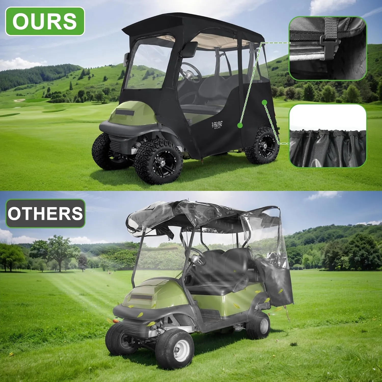 10L0L Deluxe Golf Cart Enclosure 2 Passenger for Club Car Precedent, Onward & Tempo Golf Cart, 4 Sided Clear PVC Window with Security Side Mirror Openings and Zipper Entry Golf Cart Rain Cover