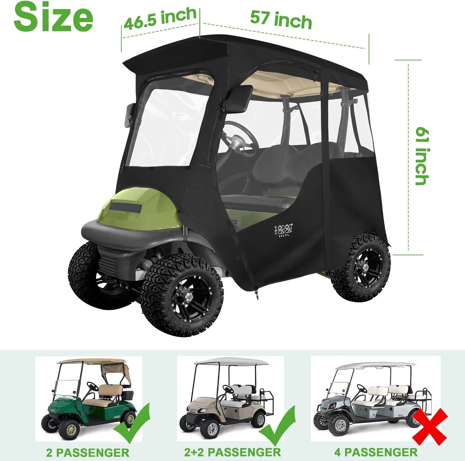 10L0L Deluxe Golf Cart Enclosure 2 Passenger for Club Car Precedent, Onward & Tempo Golf Cart, 4 Sided Clear PVC Window with Security Side Mirror Openings and Zipper Entry Golf Cart Rain Cover
