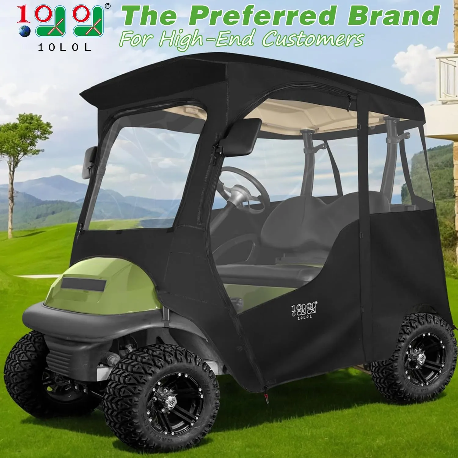 10L0L Deluxe Golf Cart Enclosure 2 Passenger for Club Car Precedent, Onward & Tempo Golf Cart, 4 Sided Clear PVC Window with Security Side Mirror Openings and Zipper Entry Golf Cart Rain Cover