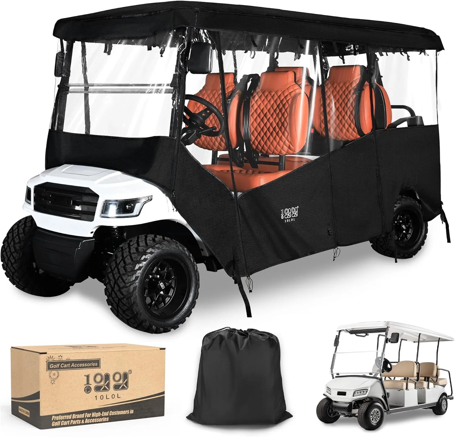 10L0L Golf Cart Driving Enclosures 6/4 2 Passenger Extended Roof, Universal Golf Cart Rain Cover for Yamaha EZGO TXT RXV Club Car Precedent DS 86.61" Roof 600D Waterproof Heavy Duty Zipper-Black