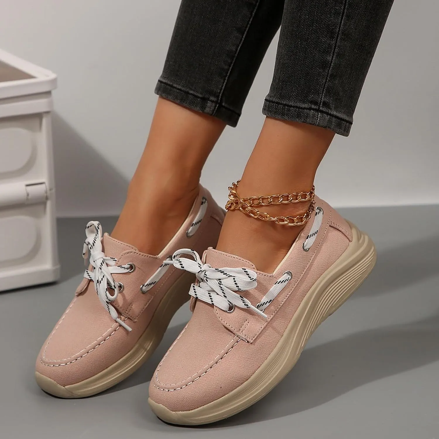 2025 Women's Canvas Slip On Shoes Lace Up Sneakers Slip On Low Top Arch Support Walking Loafers Orthopedic Non Slip Closed Toe Running Casual Boat Shoes Soft Tennis Shoe for Daily Wear