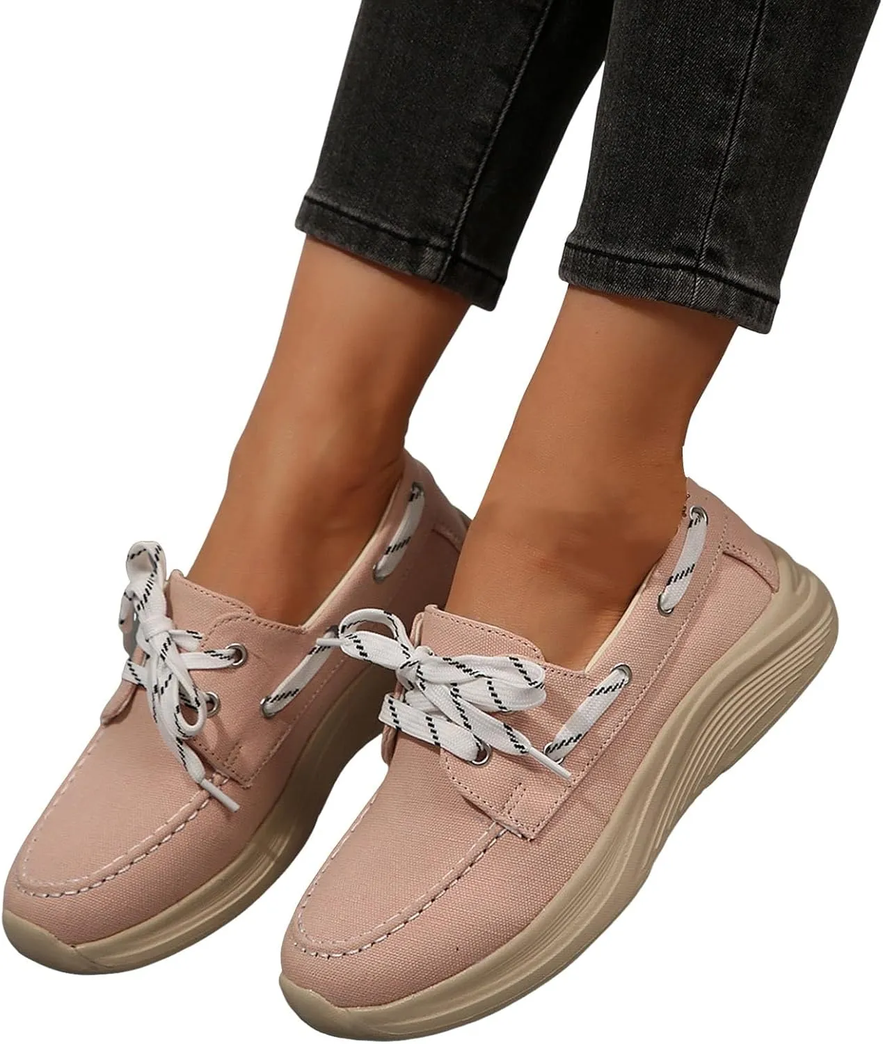 2025 Women's Canvas Slip On Shoes Lace Up Sneakers Slip On Low Top Arch Support Walking Loafers Orthopedic Non Slip Closed Toe Running Casual Boat Shoes Soft Tennis Shoe for Daily Wear