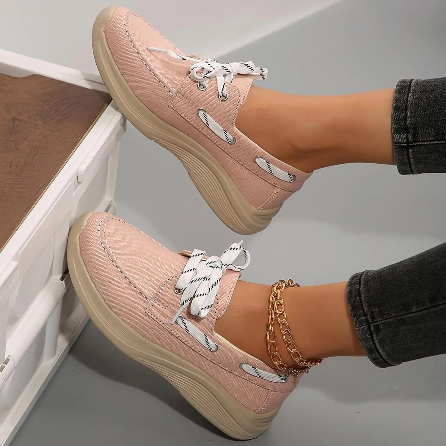 2025 Women's Canvas Slip On Shoes Lace Up Sneakers Slip On Low Top Arch Support Walking Loafers Orthopedic Non Slip Closed Toe Running Casual Boat Shoes Soft Tennis Shoe for Daily Wear