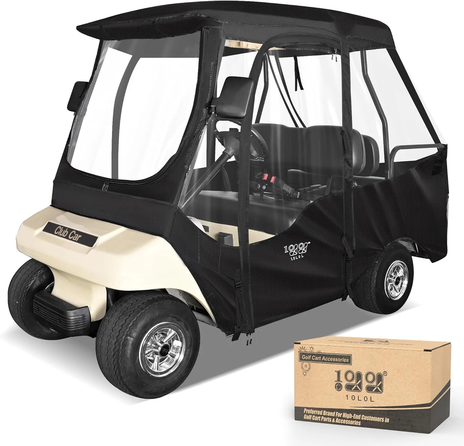 4 Passenger Golf Cart Enclosure, Storage Cover Fits for Club Car DS, Windproof Waterproof Portable 4-Sided Clear Window & Roll-up Zipper Door (Black/Transparent)