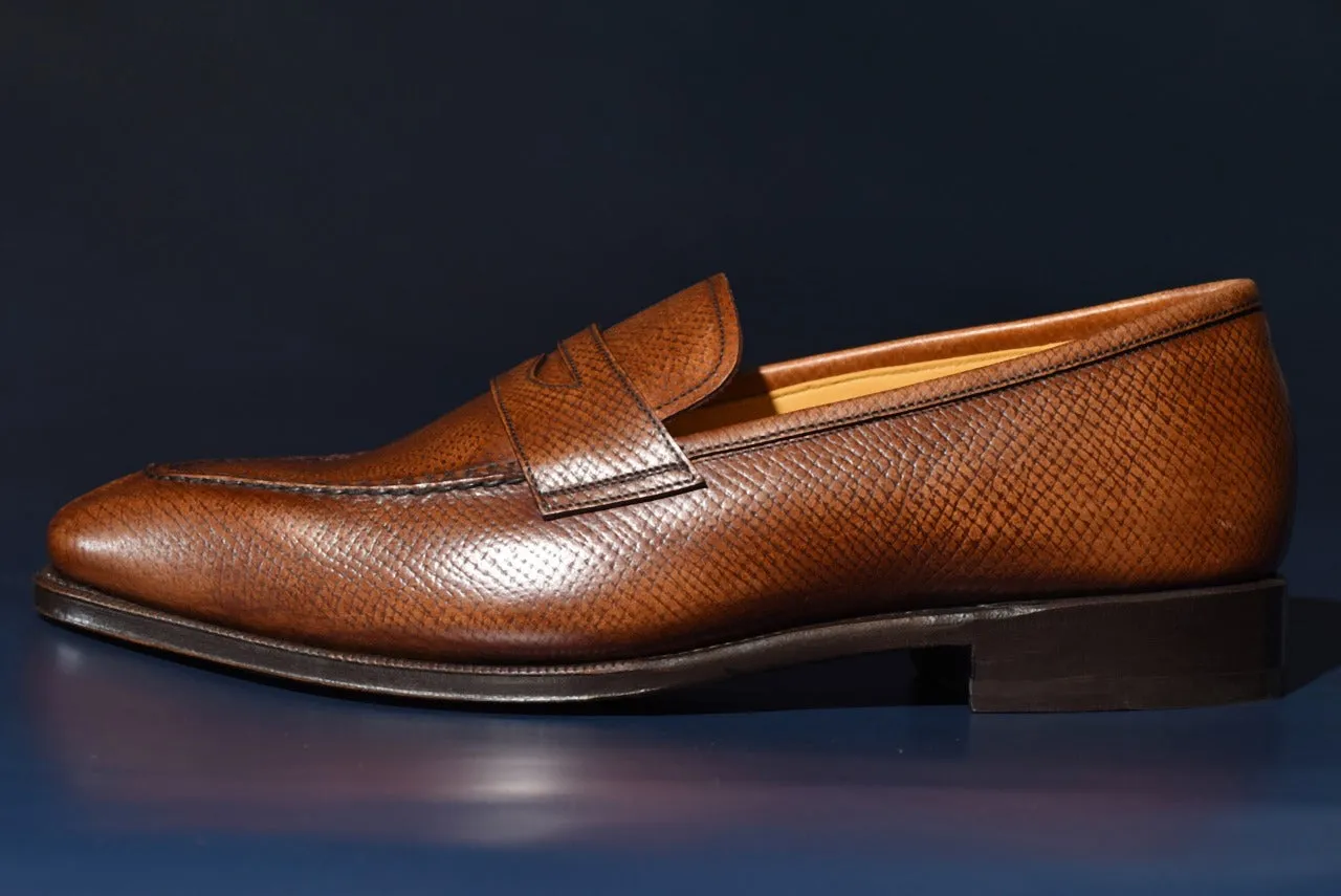 “Aiden” Split Toe Penny Loafer, Brown Dress Shoes, Horween Hatch Grain, Hand welted, US size 5 1/2 ~ 10