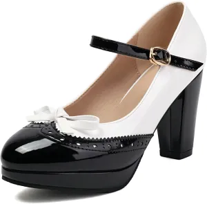 AIMODOR Mary Jane Heels for Women Platform High Lolita Heels Sweet Bow Round Toe Pumps Rockabilly Oxford Mary Jane Pumps Ankle Strap Cosplay Shoes Kawaii Dress Shoes