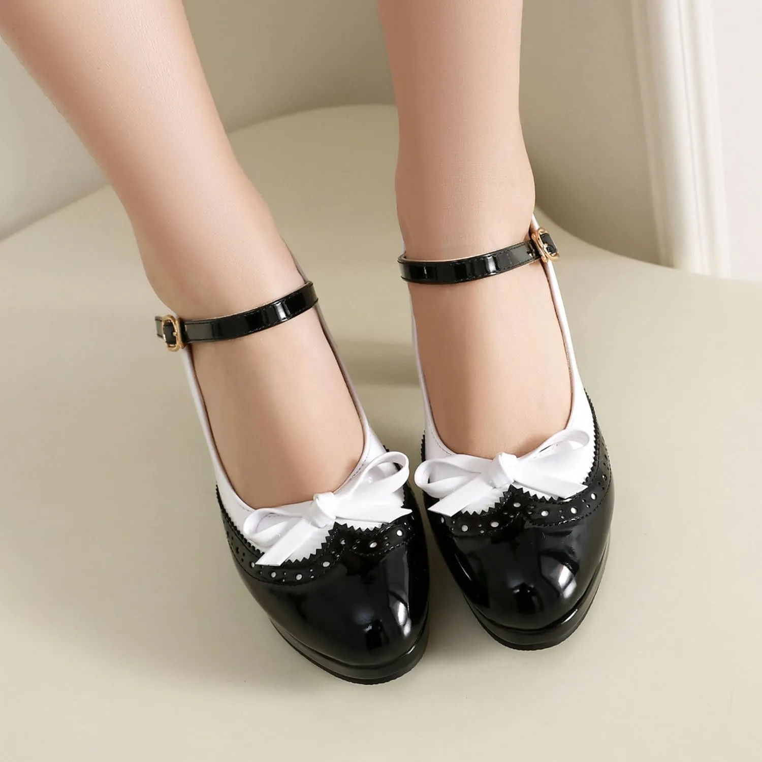 AIMODOR Mary Jane Heels for Women Platform High Lolita Heels Sweet Bow Round Toe Pumps Rockabilly Oxford Mary Jane Pumps Ankle Strap Cosplay Shoes Kawaii Dress Shoes