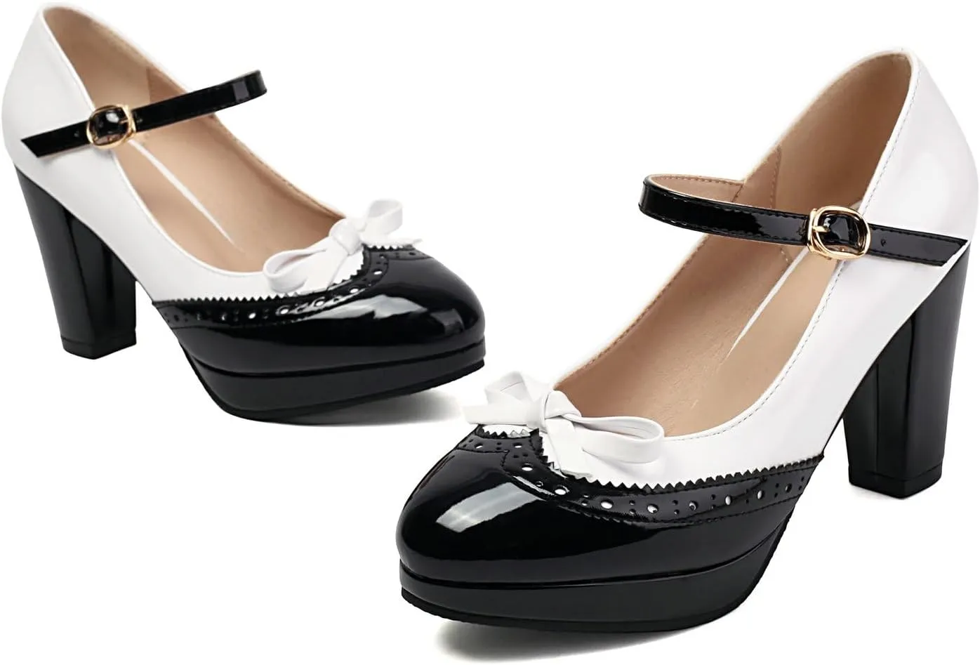AIMODOR Mary Jane Heels for Women Platform High Lolita Heels Sweet Bow Round Toe Pumps Rockabilly Oxford Mary Jane Pumps Ankle Strap Cosplay Shoes Kawaii Dress Shoes