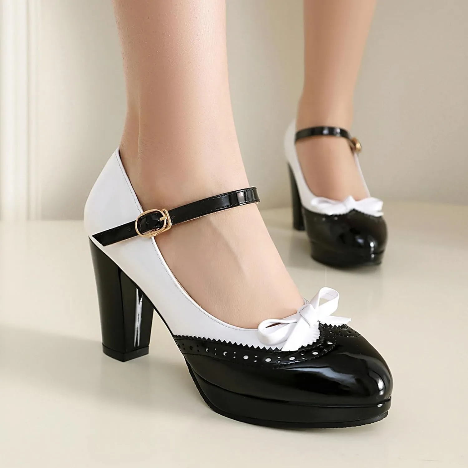 AIMODOR Mary Jane Heels for Women Platform High Lolita Heels Sweet Bow Round Toe Pumps Rockabilly Oxford Mary Jane Pumps Ankle Strap Cosplay Shoes Kawaii Dress Shoes