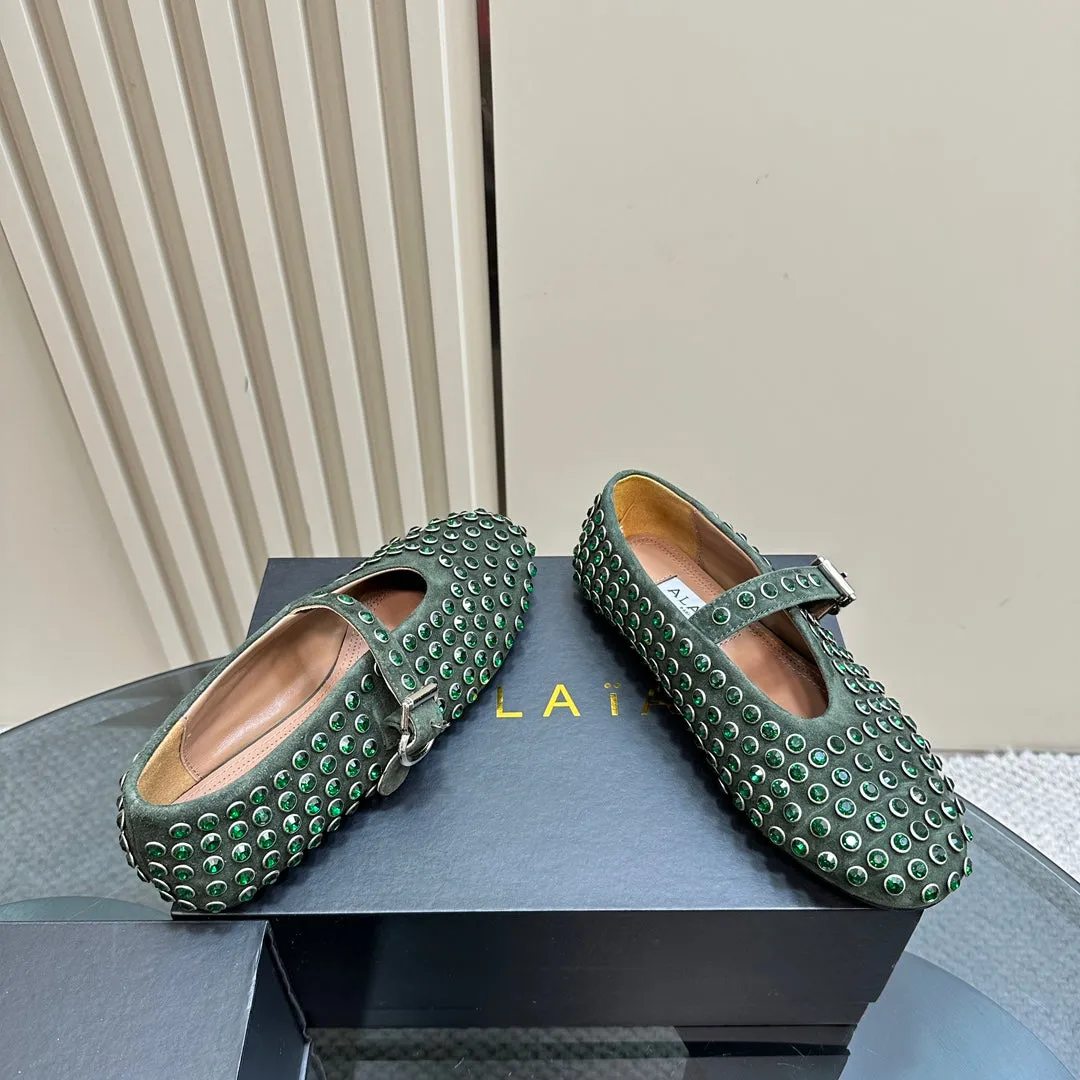 Alaia Strass Suede Ballet Flats In Dark Green 999318