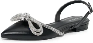 ALICEPUB Black Slingback Flats for Women, Bow Flats Rhinestones Poninted Toe Flats Sparkly Closed Toe Flats, Comfortable Flats for Women, Black Size 6.5