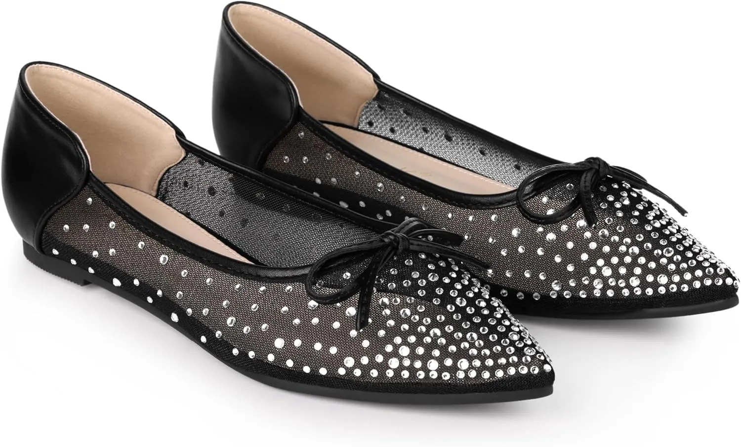 Allegra K Women's Pointed Toe Bow Rhinestone Mesh Ballerina Flats