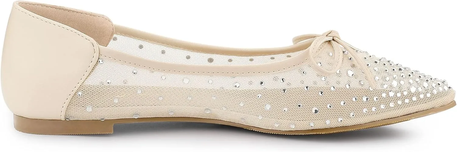 Allegra K Women's Pointed Toe Bow Rhinestone Mesh Ballerina Flats
