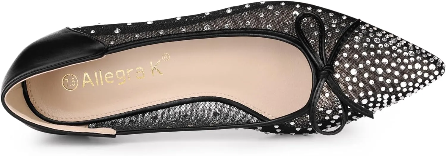 Allegra K Women's Pointed Toe Bow Rhinestone Mesh Ballerina Flats