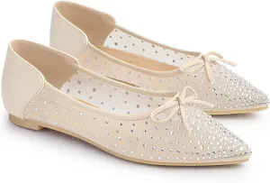 Allegra K Women's Pointed Toe Bow Rhinestone Mesh Ballerina Flats