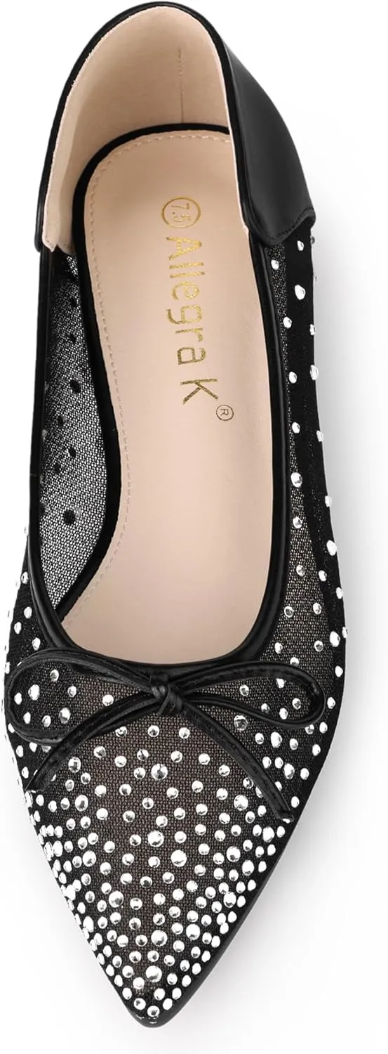 Allegra K Women's Pointed Toe Bow Rhinestone Mesh Ballerina Flats