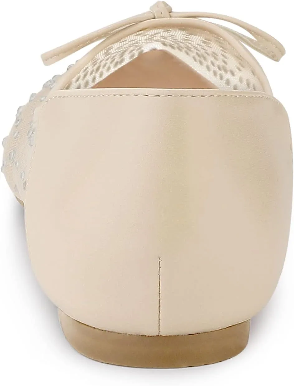 Allegra K Women's Pointed Toe Bow Rhinestone Mesh Ballerina Flats
