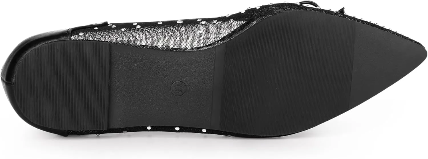 Allegra K Women's Pointed Toe Bow Rhinestone Mesh Ballerina Flats