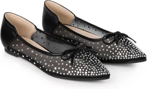 Allegra K Women's Pointed Toe Bow Rhinestone Mesh Ballerina Flats