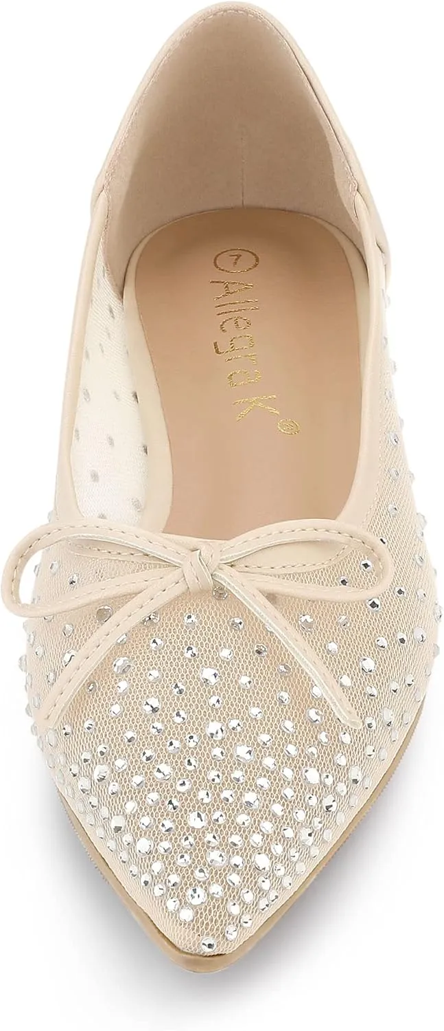 Allegra K Women's Pointed Toe Bow Rhinestone Mesh Ballerina Flats