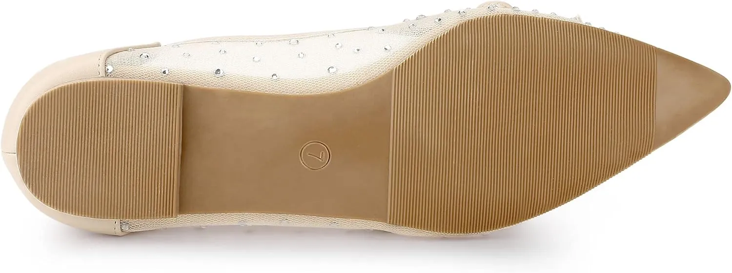 Allegra K Women's Pointed Toe Bow Rhinestone Mesh Ballerina Flats