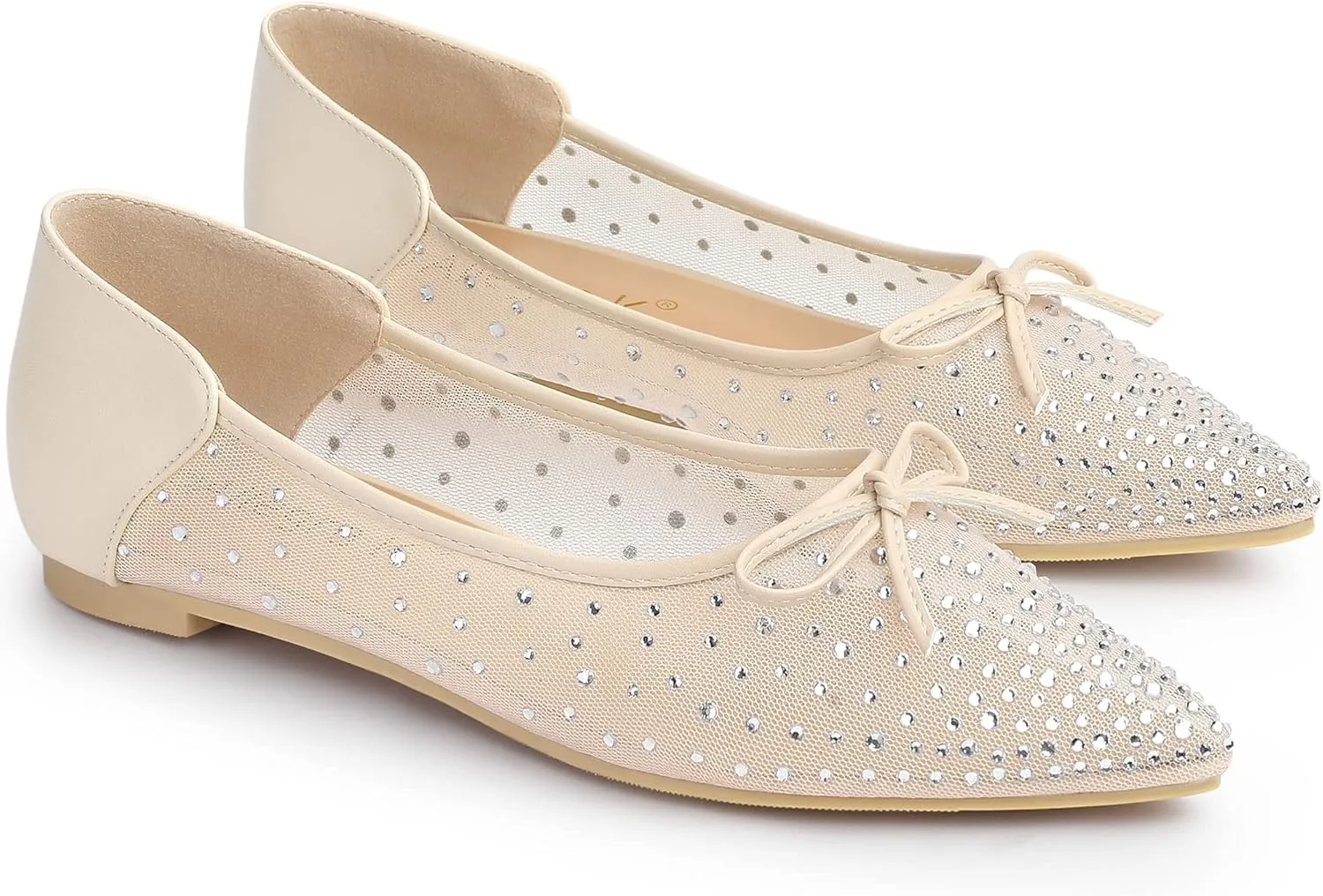 Allegra K Women's Pointed Toe Bow Rhinestone Mesh Ballerina Flats