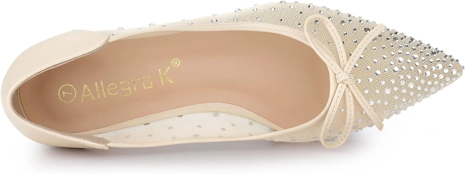 Allegra K Women's Pointed Toe Bow Rhinestone Mesh Ballerina Flats