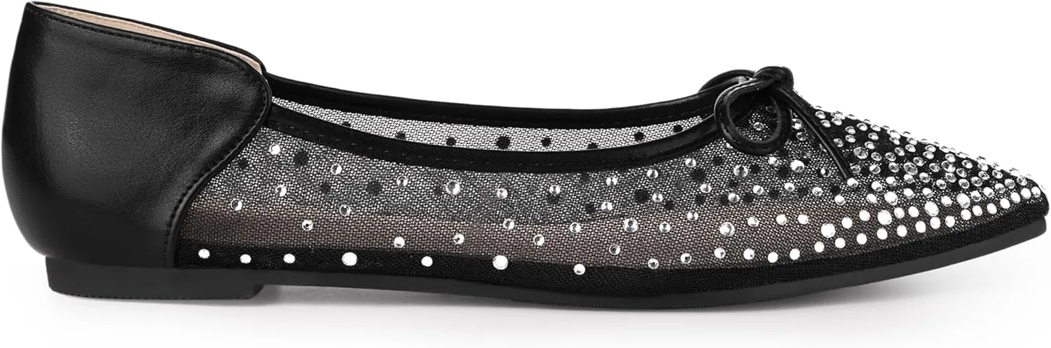 Allegra K Women's Pointed Toe Bow Rhinestone Mesh Ballerina Flats