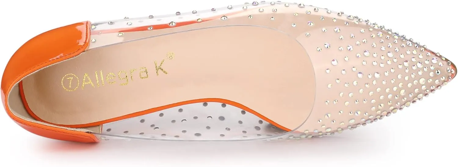 Allegra K Women's Pointed Toe Clear Rhinestone Ballet Flats