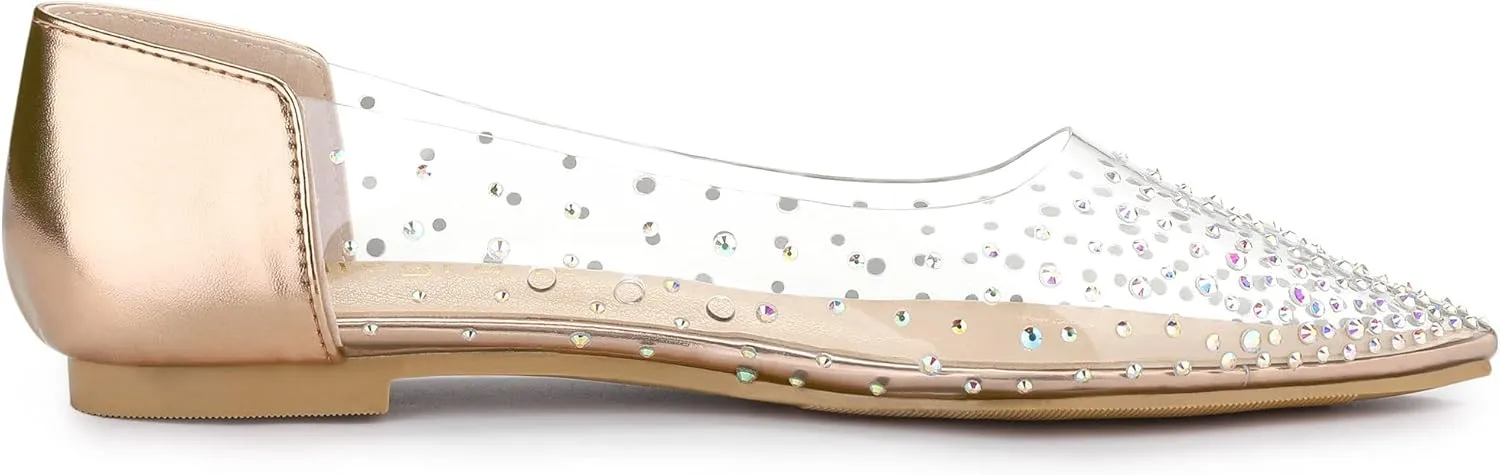 Allegra K Women's Pointed Toe Clear Rhinestone Ballet Flats