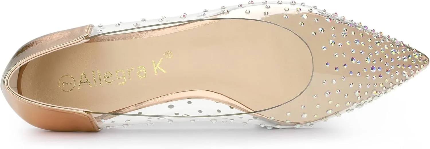 Allegra K Women's Pointed Toe Clear Rhinestone Ballet Flats