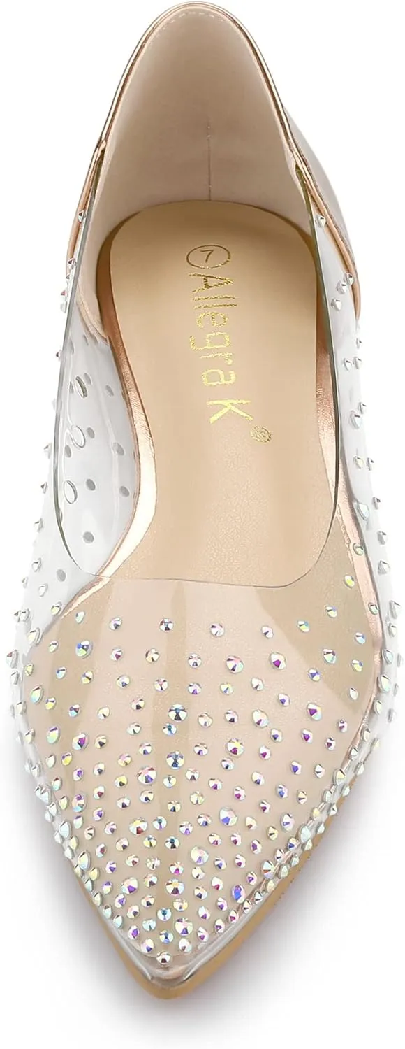 Allegra K Women's Pointed Toe Clear Rhinestone Ballet Flats