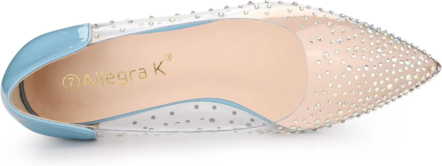 Allegra K Women's Pointed Toe Clear Rhinestone Ballet Flats