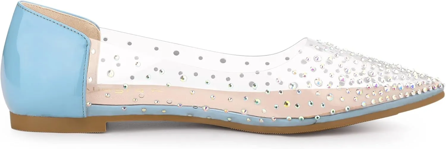 Allegra K Women's Pointed Toe Clear Rhinestone Ballet Flats