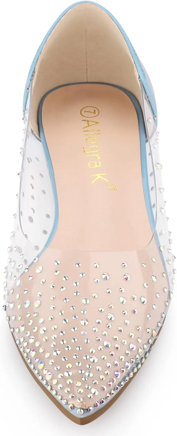 Allegra K Women's Pointed Toe Clear Rhinestone Ballet Flats