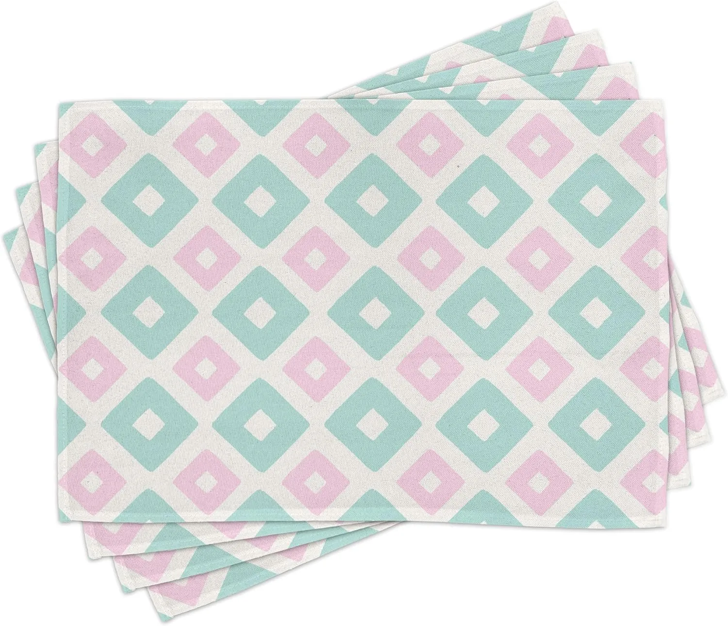 Ambesonne Abstract Table Runner & Placemats, Soft Toned Geometric Diamond Shapes with Inner Lines Contemporary Retro, Set for Dining Table Decor, Placemat 4 pcs   Runner 16"x72", Mint Green Pale Pink