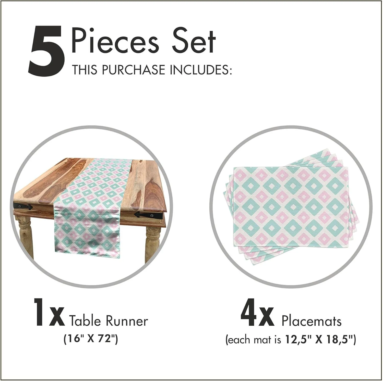 Ambesonne Abstract Table Runner & Placemats, Soft Toned Geometric Diamond Shapes with Inner Lines Contemporary Retro, Set for Dining Table Decor, Placemat 4 pcs   Runner 16"x72", Mint Green Pale Pink