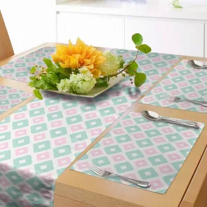 Ambesonne Abstract Table Runner & Placemats, Soft Toned Geometric Diamond Shapes with Inner Lines Contemporary Retro, Set for Dining Table Decor, Placemat 4 pcs   Runner 16"x72", Mint Green Pale Pink