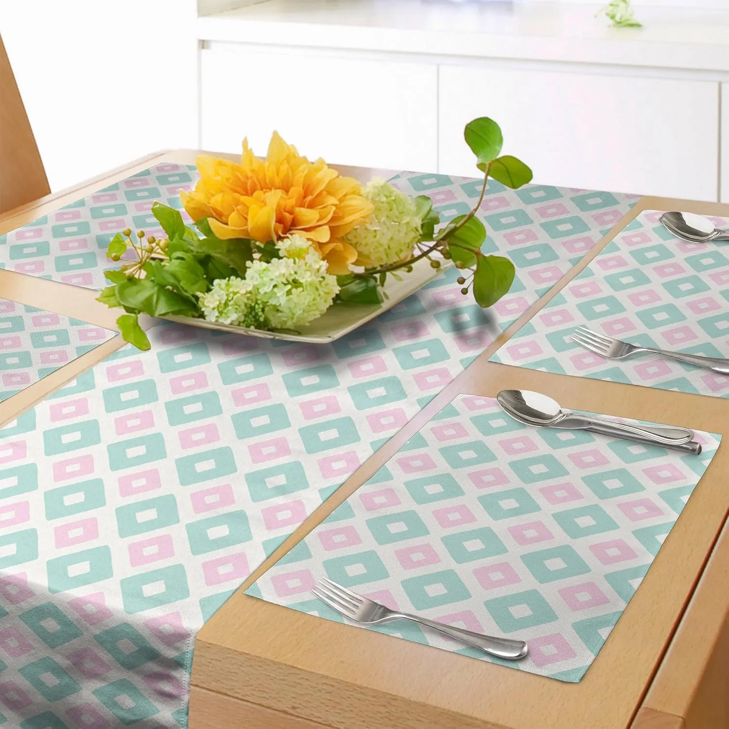 Ambesonne Abstract Table Runner & Placemats, Soft Toned Geometric Diamond Shapes with Inner Lines Contemporary Retro, Set for Dining Table Decor, Placemat 4 pcs   Runner 16"x72", Mint Green Pale Pink