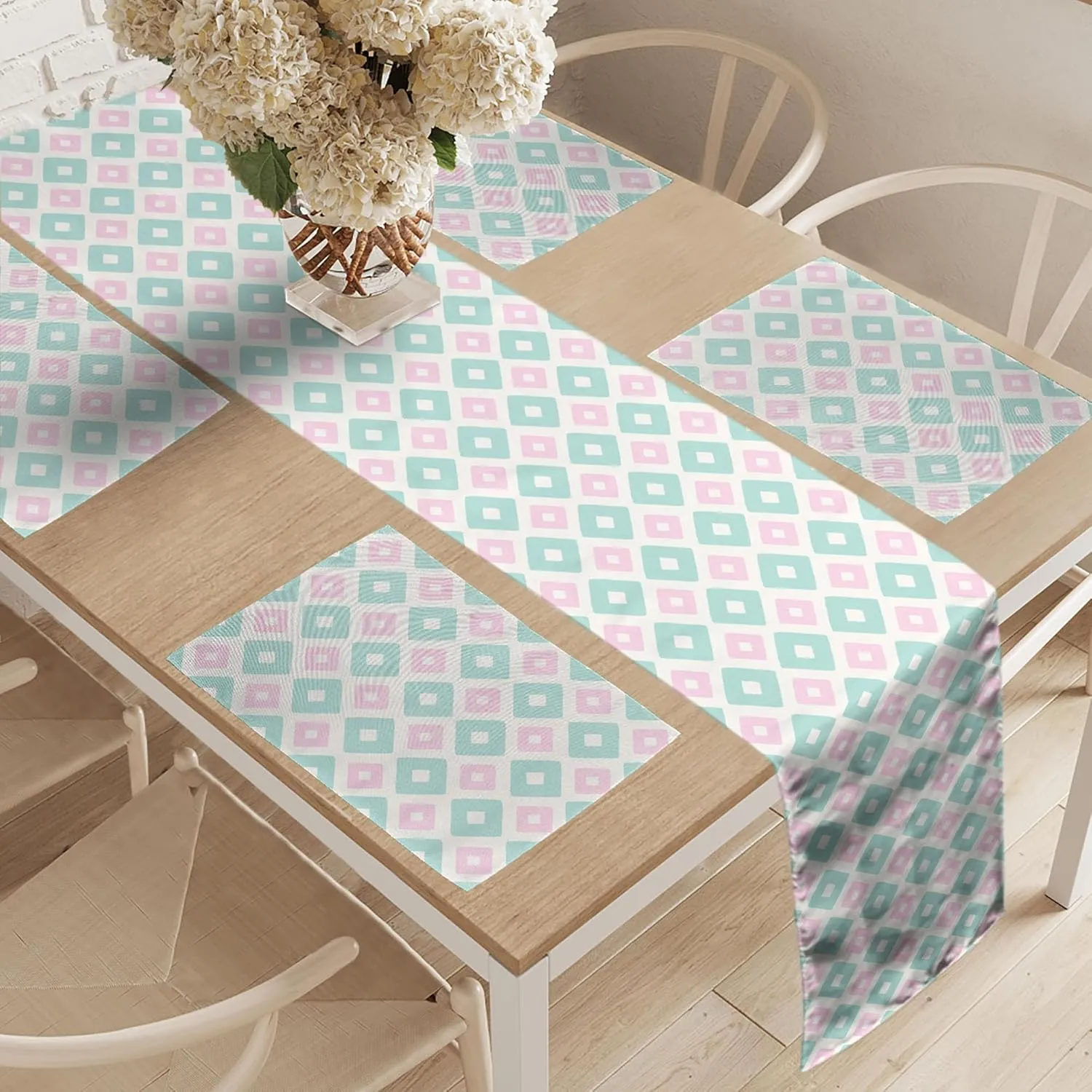Ambesonne Abstract Table Runner & Placemats, Soft Toned Geometric Diamond Shapes with Inner Lines Contemporary Retro, Set for Dining Table Decor, Placemat 4 pcs   Runner 16"x72", Mint Green Pale Pink
