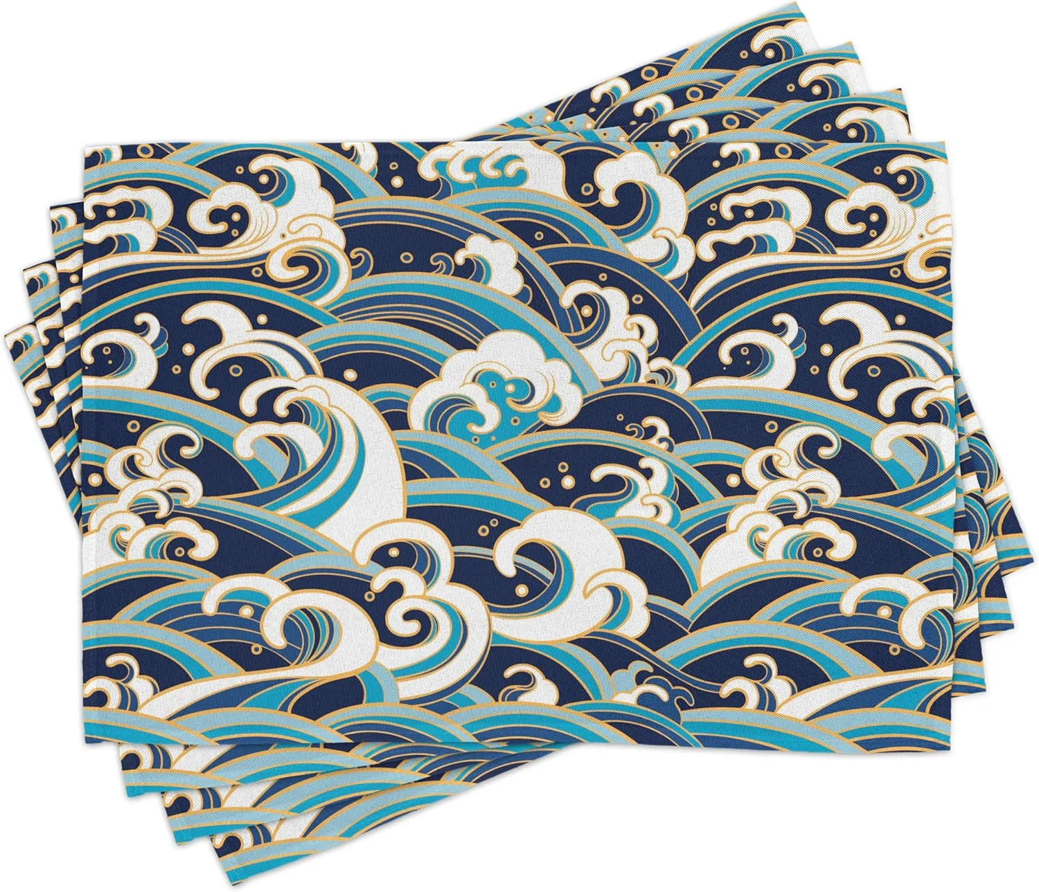 Ambesonne Nautical Table Runner & Placemats, Traditional Oriental Style Ocean Waves Pattern Foam and Splashes Print, Set for Dining Table Decor, Placemat 4 pcs   Runner 16"x72", Blue and White